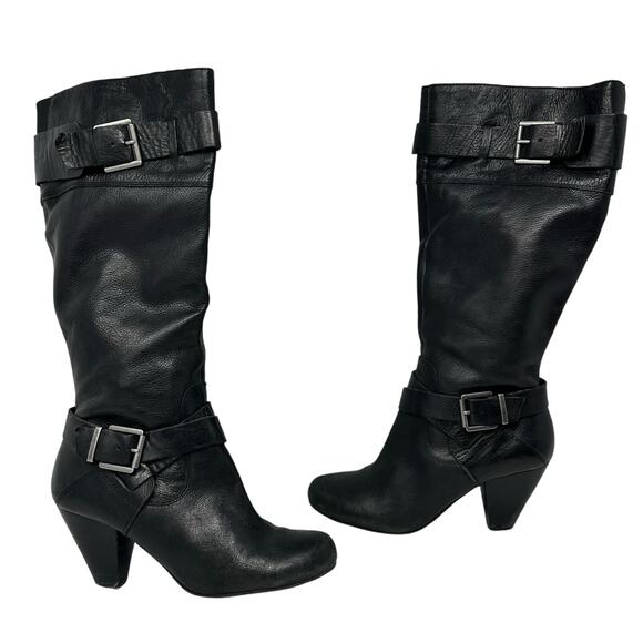Arturo Chiang Tall Midcalf Black Leather Heeled Boots SZ 9M Block Heel Moto Luxe - Picture 1 of 16